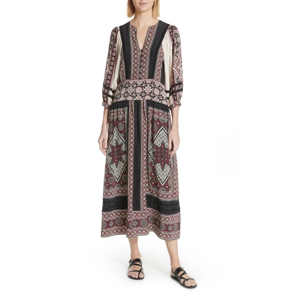 Sea New York Ezri Crochet-trimmed Printed Crepe De Chine Dress in Brick Red 2